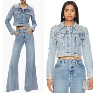 Alice + Olivia Nelson Crystal Pearl Embellished Rockstar Blue Denim Jacket Sz XS